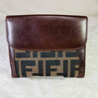 フェンディ(FENDI)のFENDI 二つ折り財布　ズッカ柄　ナイロン　レザー　ブラウン(財布)