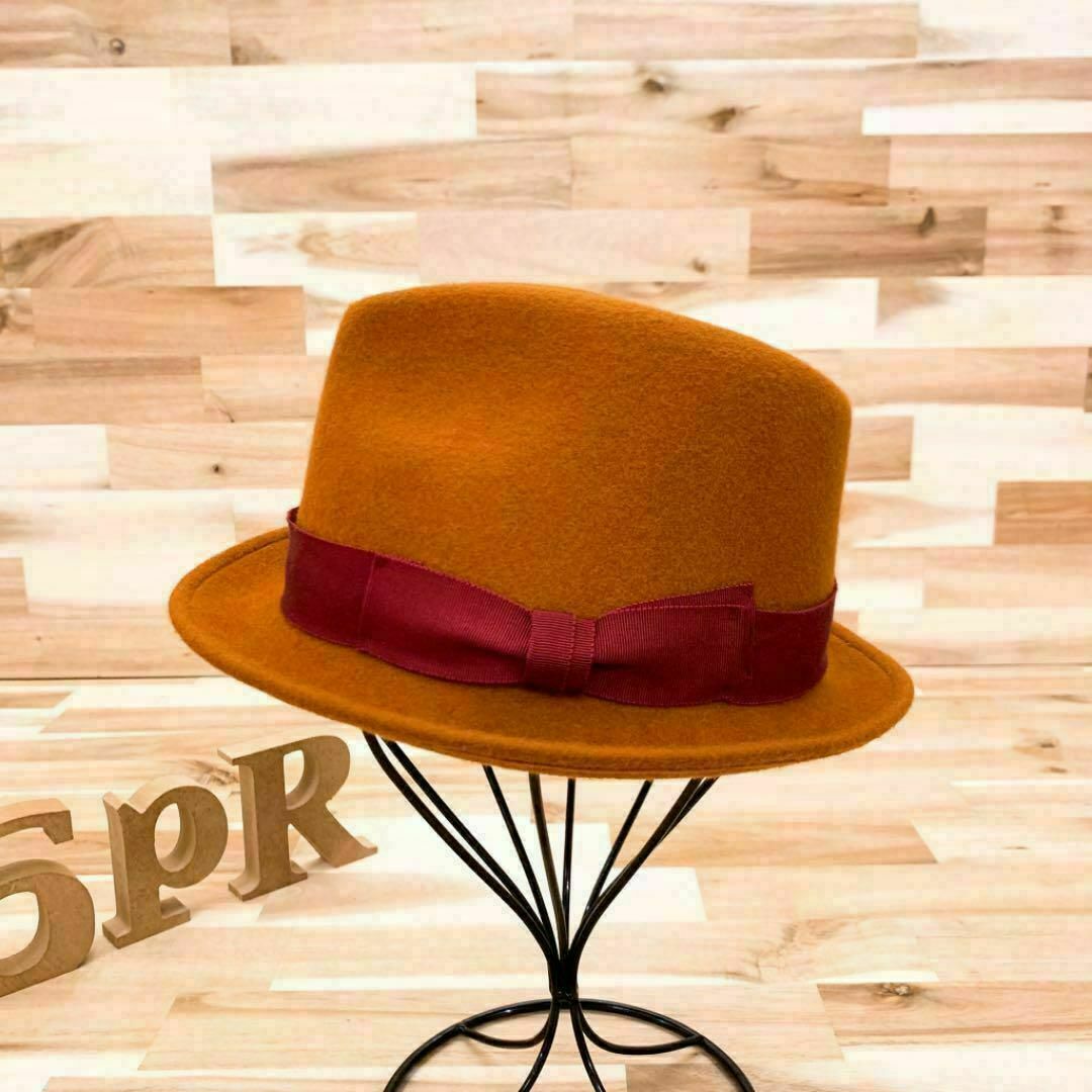 CA4LA(カシラ)の【カシラ】中折れハット ウール100%日本製リボン M 茶ブラウン×ワインレッド レディースの帽子(ハット)の商品写真