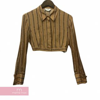 フェンディ(FENDI)のFENDI Brown Cropped Silk Shirts FS7476 AGTQ フェンディ ブラウンクロップドシルクシャツ 長袖 ブラウス 総柄 ストライプ ブラウン サイズ38 【240206】【中古-A】【me04】(ポロシャツ)