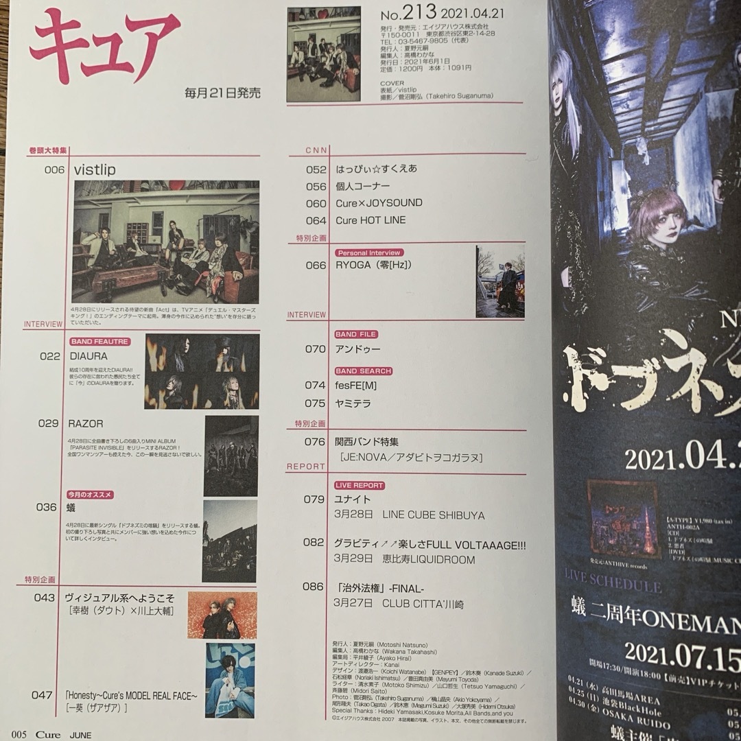 Cure キュア vol.213 2021年4月号 vistlip エンタメ/ホビーの雑誌(音楽/芸能)の商品写真