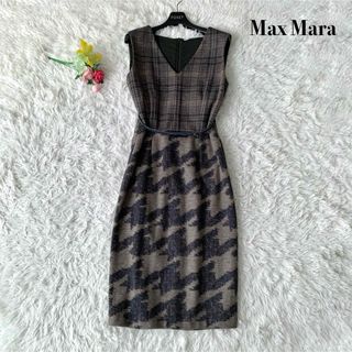 マックスマーラ(Max Mara)の【美品】マックスマーラ 膝丈 ワンピース 白タグ 切替 千鳥柄 ブラウン M(ひざ丈ワンピース)