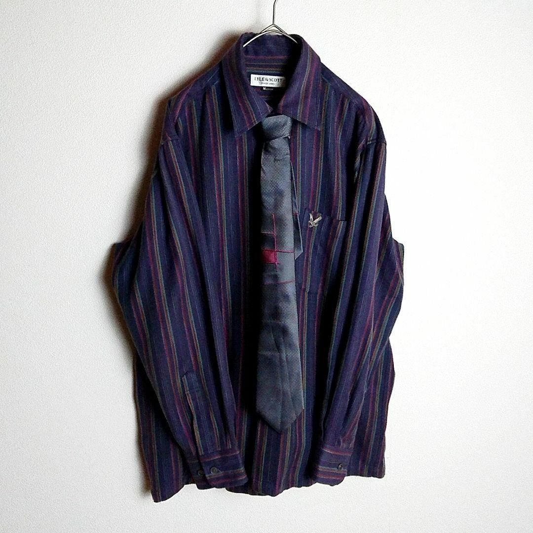 【長袖ネクタイシャツ】ストライプ シルク100%ネクタイ Mサイズ 古着 メンズのトップス(シャツ)の商品写真