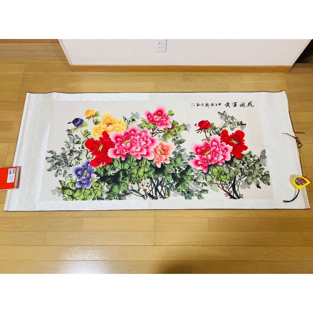 縁起物 花開冨貴牡丹水彩絵　肉筆中国絵　掛軸 エンタメ/ホビーの美術品/アンティーク(絵画/タペストリー)の商品写真