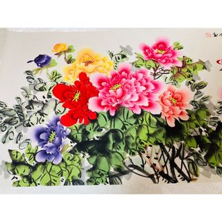 縁起物 花開冨貴牡丹水彩絵　肉筆中国絵　掛軸(絵画/タペストリー)