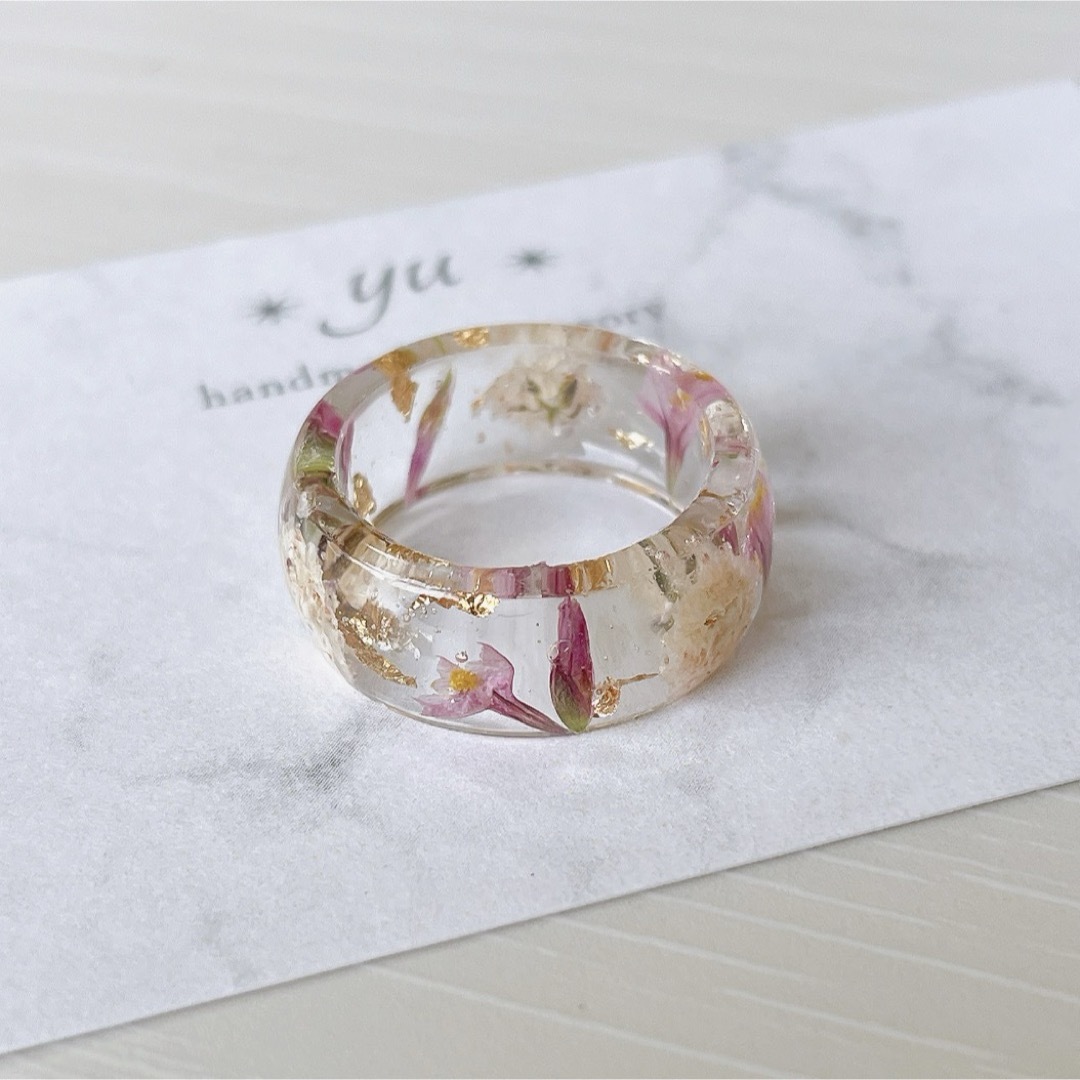 レジンリング　指輪　リング　スターチス　かすみ草　ピンク　金アレ対応　13号 レディースのアクセサリー(リング(指輪))の商品写真