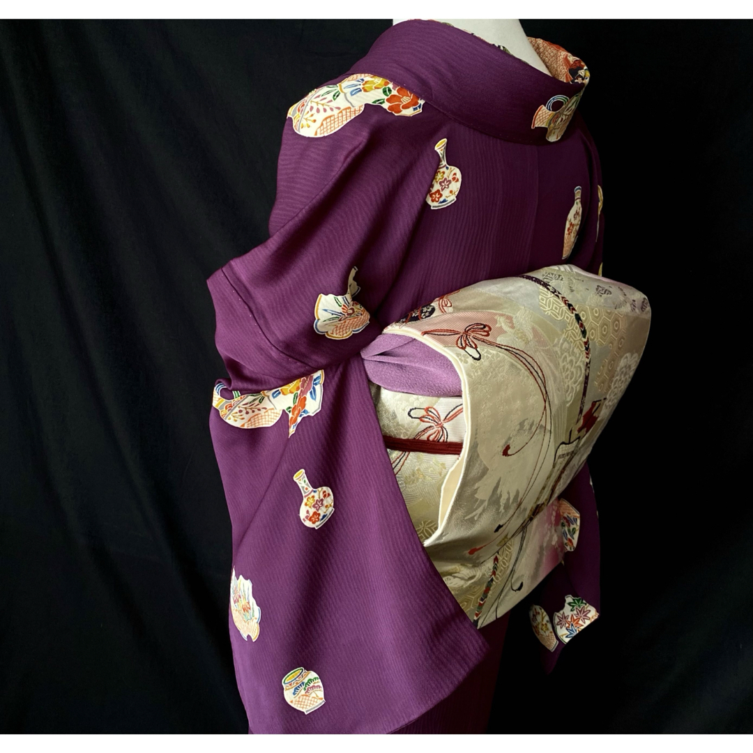 〈紫の大正浪漫風の小紋〉SALE 古典柄　L  ノスタルジック　裄丈長め ⁡ レディースの水着/浴衣(着物)の商品写真