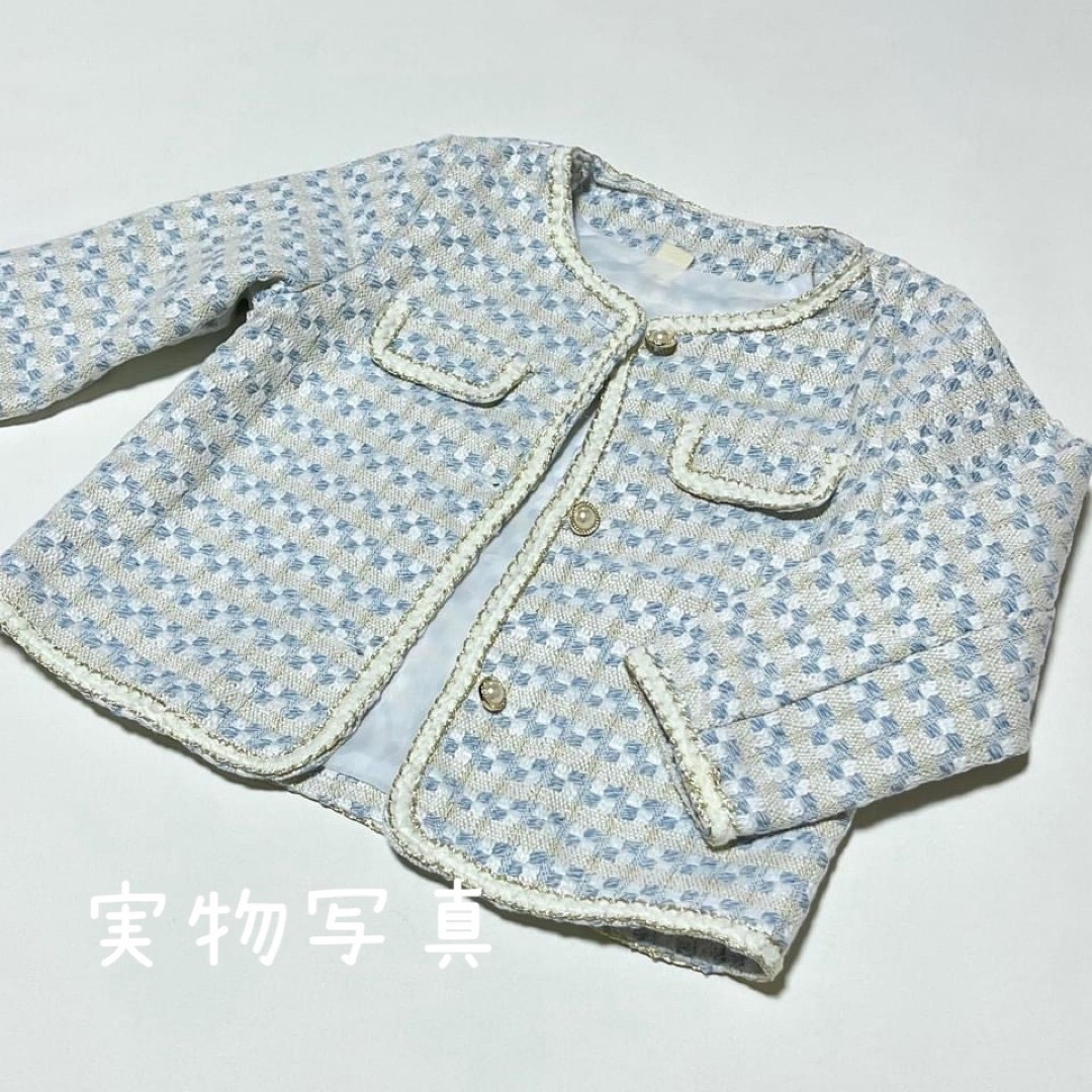 ♡ ジャケット 白 × 水色 ♡ 140 フォーマル 爽やか 上品 女の子 キッズ/ベビー/マタニティのキッズ服女の子用(90cm~)(ジャケット/上着)の商品写真