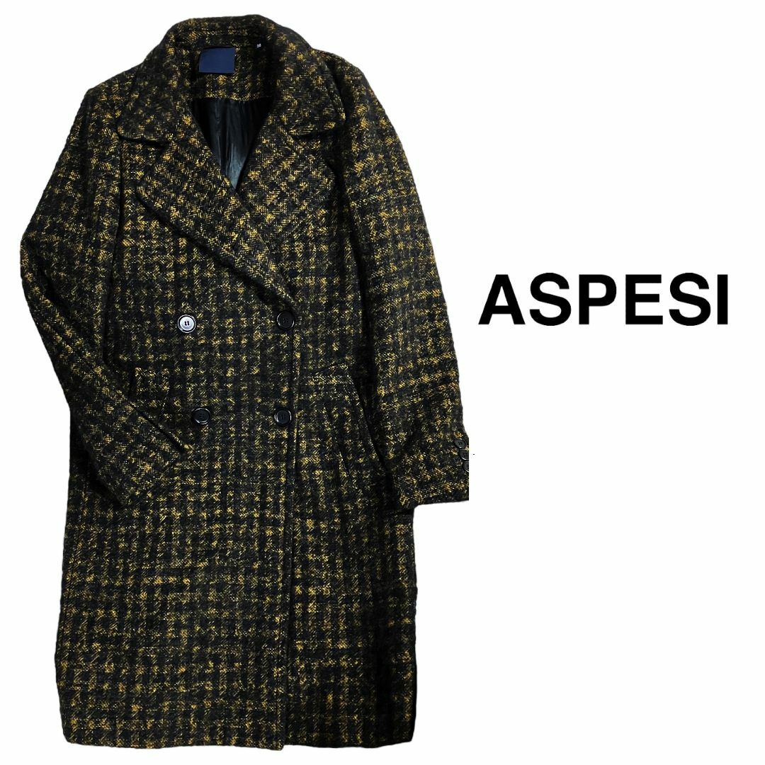 美品 定価15万 ASPESI ツイードチェックウールPコート 黒x黄 38 美品 定価15万 ASPESI ツイードチェックウールPコート 黒x黄 38