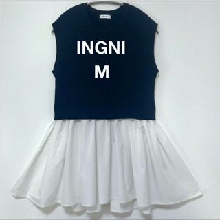 イング(INGNI)のイング　シャツレイヤードニット　フレンチスリーブ　紺x 白　大人可愛い　脚長効果(カットソー(半袖/袖なし))