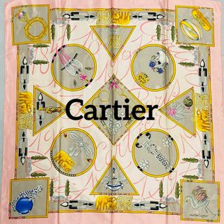 カルティエ(Cartier)の美品 ★Cartier★ スカーフ 大判 宝石 パンテール 鳥 ゾウ ピンク(バンダナ/スカーフ)