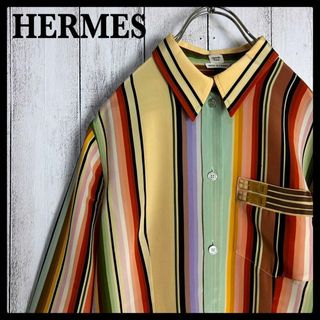 古着屋avancerエルメス HERMES マルチカラー ストライプ長袖シルクシャツ ベルトロゴ