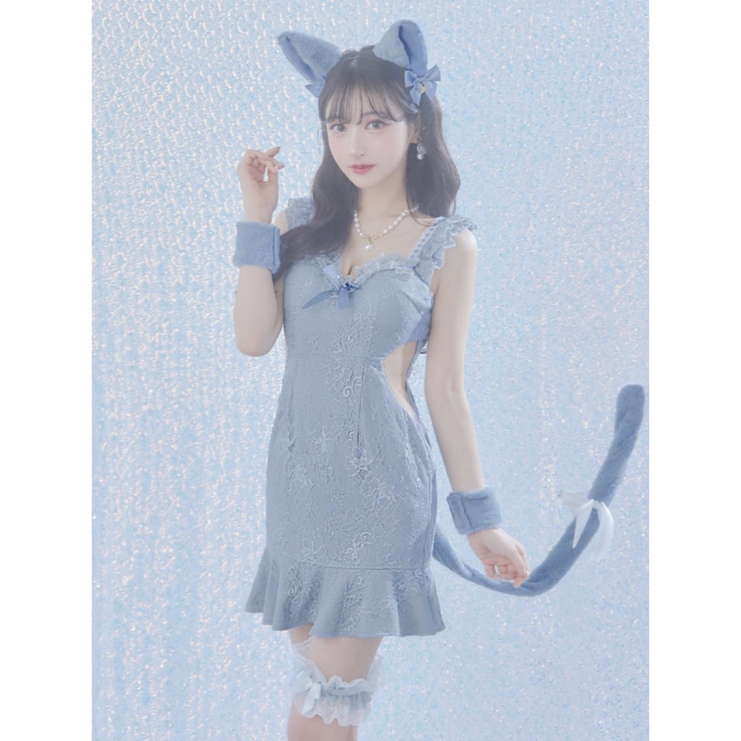 値下げ Sugar 猫耳 キャット レース ミニワンピ ブルー 青 コスプレ  エンタメ/ホビーの同人誌(コスプレ)の商品写真