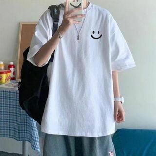 ワンポイント ニコちゃん 半袖 Tシャツ 韓国 メンズ ホワイト(Tシャツ/カットソー(半袖/袖なし))
