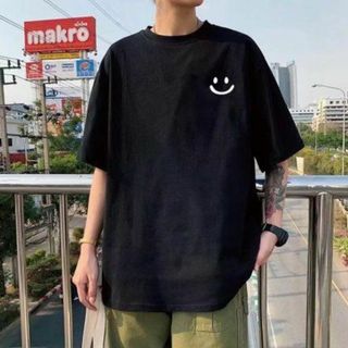 ワンポイント ニコちゃん 半袖 Tシャツ 韓国 メンズ ブラック(Tシャツ/カットソー(半袖/袖なし))