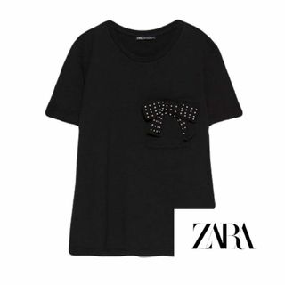 ザラ(ZARA)の16 ZARA パール付きリボン Tシャツ S(Tシャツ(半袖/袖なし))