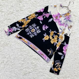 美品♡ LEONARD ブラウス　ペイズリー　花柄　トリム　シルク　ネイビー　L