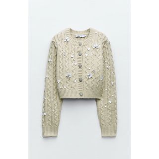 ザラ(ZARA)のビーズ　クロップド　ニット　カーディガン　ZARA ザラ　Lサイズ　ビジュー　L(ニット/セーター)