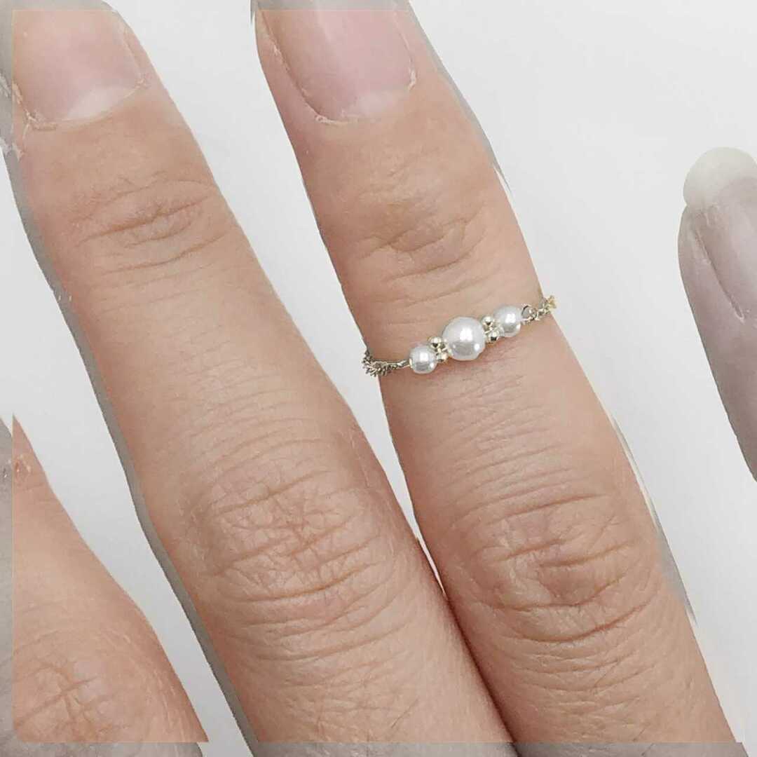 pt850 プラチナ　チェーンリング　淡水パール レディースのアクセサリー(リング(指輪))の商品写真