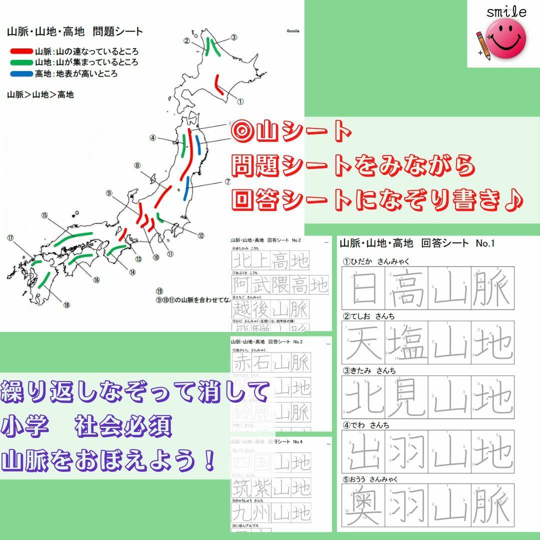 オリジナルなぞり書き教材　社会まとめセット　都道府県＋地図記号＋山脈・川＋歴史 エンタメ/ホビーの本(語学/参考書)の商品写真