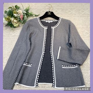 ハナエモリ(HANAE MORI)のHANAE MORI  森英恵　ニットジャケット　カーディガン　濃紺×白　40(カーディガン)