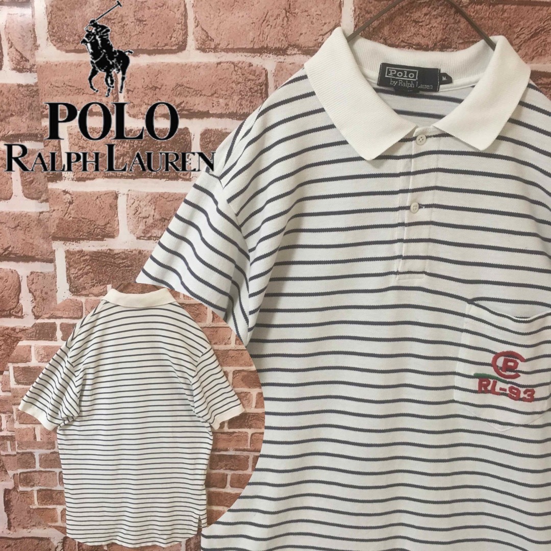 POLO RALPH LAUREN(ポロラルフローレン)の【Mサイズ】ポロバイラルフローレン☆刺繍ロゴ　ポロシャツ　ボーダー　ホワイト メンズのトップス(ポロシャツ)の商品写真