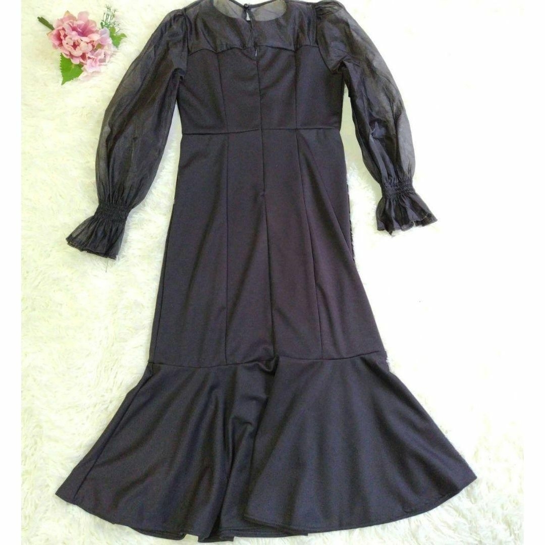 レディース パーティードレス 黒 チュール マーメイドドレス シアー袖  結婚式 レディースのフォーマル/ドレス(ロングドレス)の商品写真