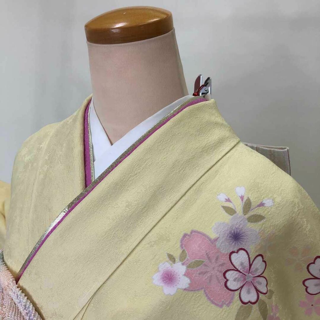 振袖セット 成人式 正絹 黄色 クリーム 帯 帯締め 花 裄67cm S-137 振袖セット 成人式 正絹 黄色 クリーム 帯 帯締め 花 裄67cm S-137