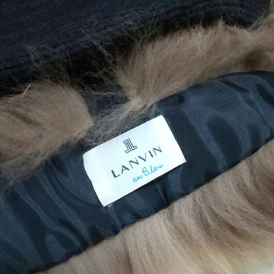 LANVIN en Bleu(ランバンオンブルー)の極美品 LANVIN en Bleu ラクーンファー ダブルロングコート 千鳥柄 レディースのジャケット/アウター(ロングコート)の商品写真