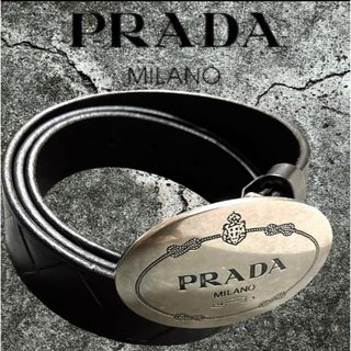 プラダ(PRADA)のPRADA プラダ ベルト カナバ　ロゴ バックル レザー ブラック メンズ(ベルト)