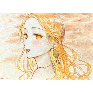 手描きイラスト オリジナル 創作 原画 ATCサイズ 女の子 水彩 橙(アート/写真)