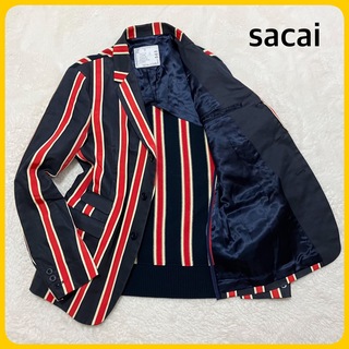 サカイ(sacai)の希少 sacai ストライプ 切替 テーラード ジャケット リネン混 日本製 M(テーラードジャケット)
