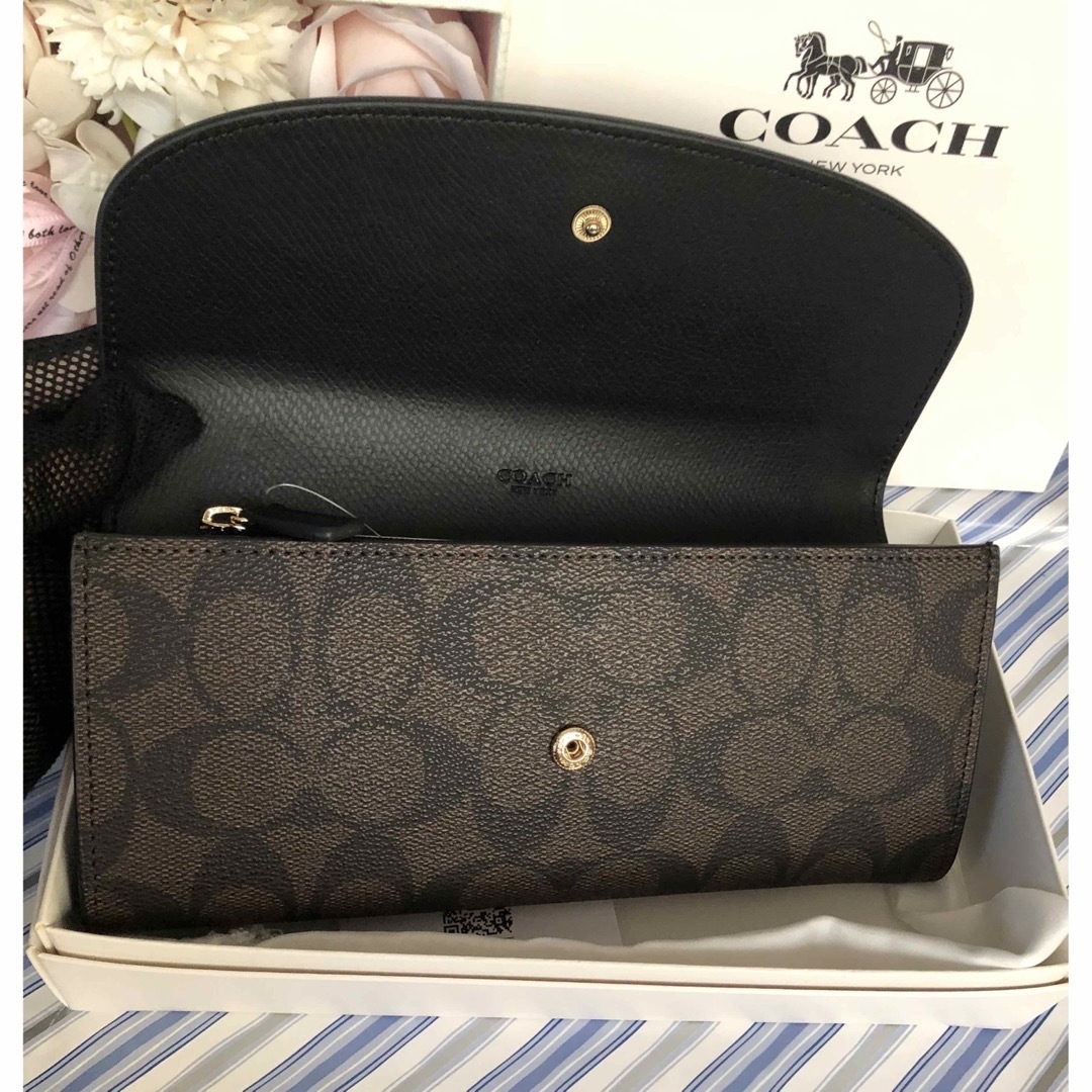 【新品未使用】COACH コーチ 長財布 エンベロープ 黒茶色 ポーチ付き