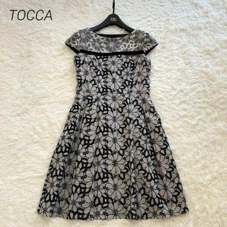 トッカ(TOCCA)の美品♡ TOCCA ワンピース　刺繍　花柄　ベルベット　グレー　大きいサイズ　6(ひざ丈ワンピース)