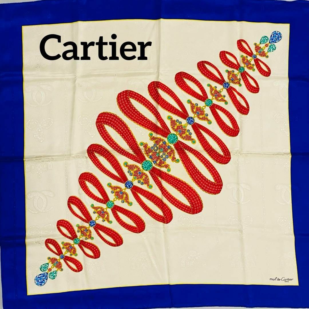 Cartier(カルティエ)の★Cartier★ スカーフ 大判 宝石 リボン パンテール ブルー ホワイト レディースのファッション小物(バンダナ/スカーフ)の商品写真