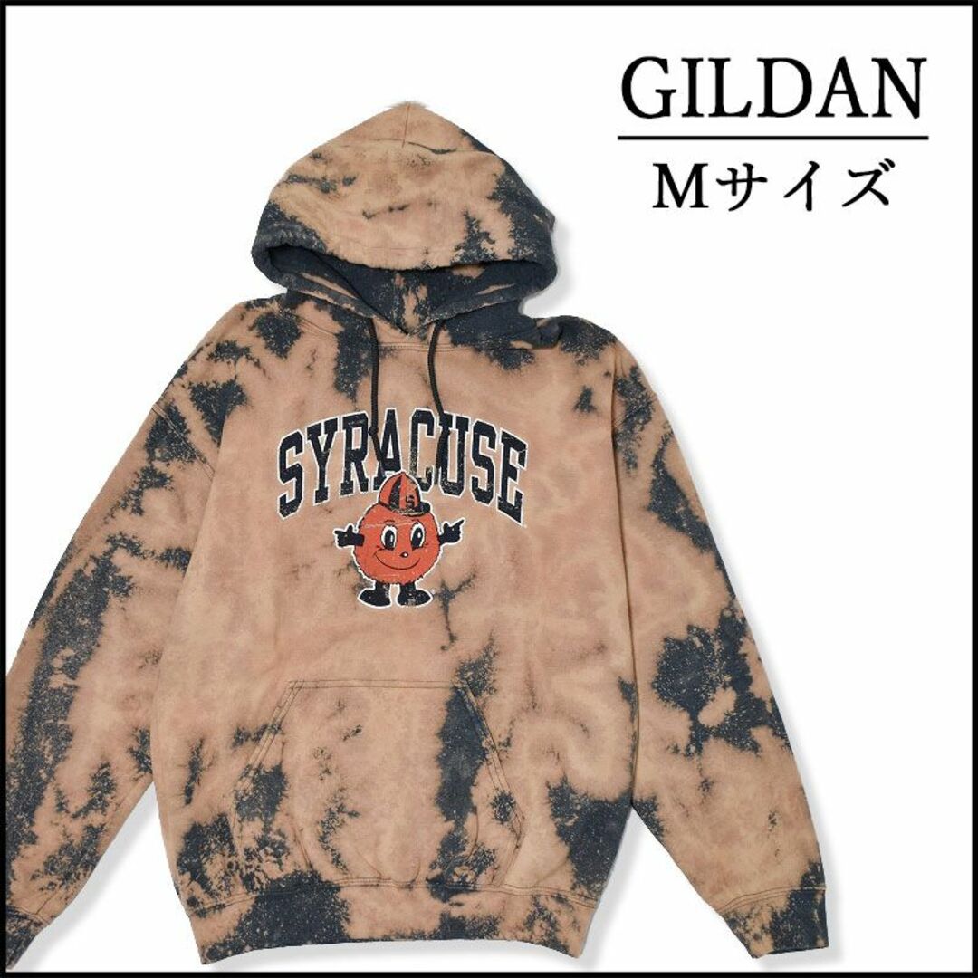 GILDAN(ギルタン)のメンズブリーチプルオーバーパーカーM 古着屋　グレー　ベージュ　プリント　春秋冬 メンズのトップス(パーカー)の商品写真