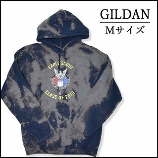 ギルタン(GILDAN)のメンズブリーチプルオーバーパーカーM 古着屋　ネイビー　紺　プリント　春秋冬物(パーカー)