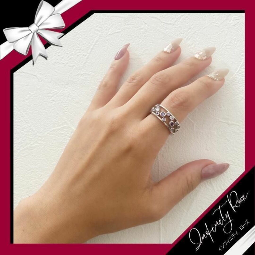 （R062SV）14号　パープル甘い水玉デザインワイドリング　高価爪留め指輪 レディースのアクセサリー(リング(指輪))の商品写真