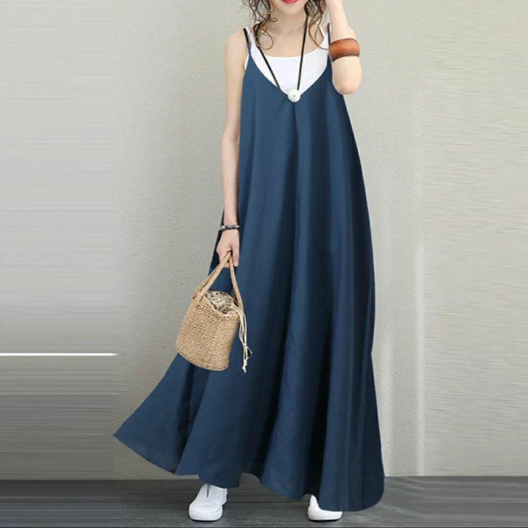 キャミワンピース ロングスカート《ブルー／L》青 マキシ フレア Aライン レディースのスカート(ロングスカート)の商品写真