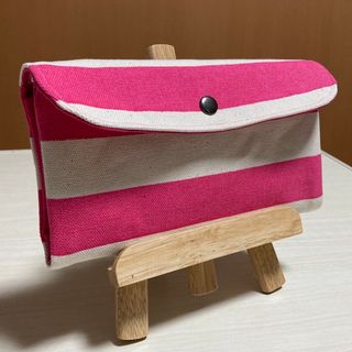 ハンドメイド　ピンク　ボーダー　通帳ケース　マルチポーチ(ポーチ)