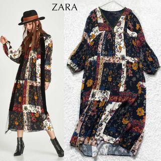 ザラ(ZARA)の【極美品】ZARAザラ フラワープリント 切り替え タックプリーツ ワンピース(ロングワンピース/マキシワンピース)