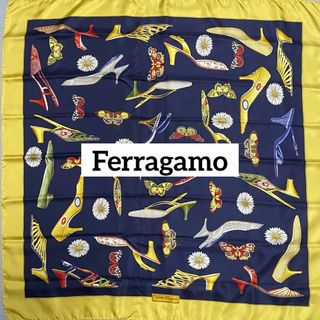 サルヴァトーレフェラガモ(Salvatore Ferragamo)の美品 ★Ferragamo★ スカーフ 大判 ハイヒール 蝶 シルク イエロー(バンダナ/スカーフ)