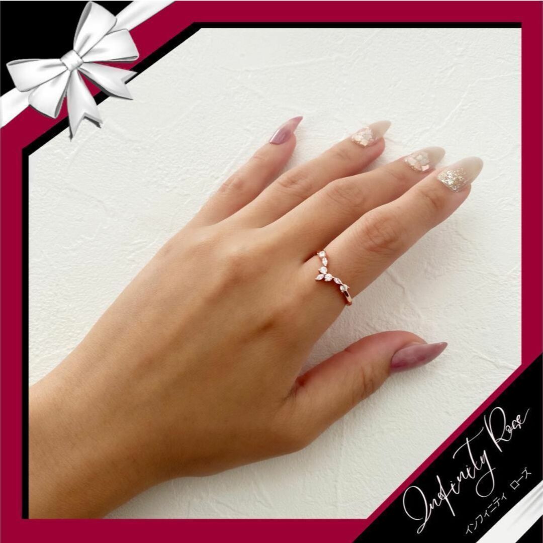 （R066P）11号 ピンクゴールド細身大人ティアラクリスタルリング　 爪留指輪 レディースのアクセサリー(リング(指輪))の商品写真
