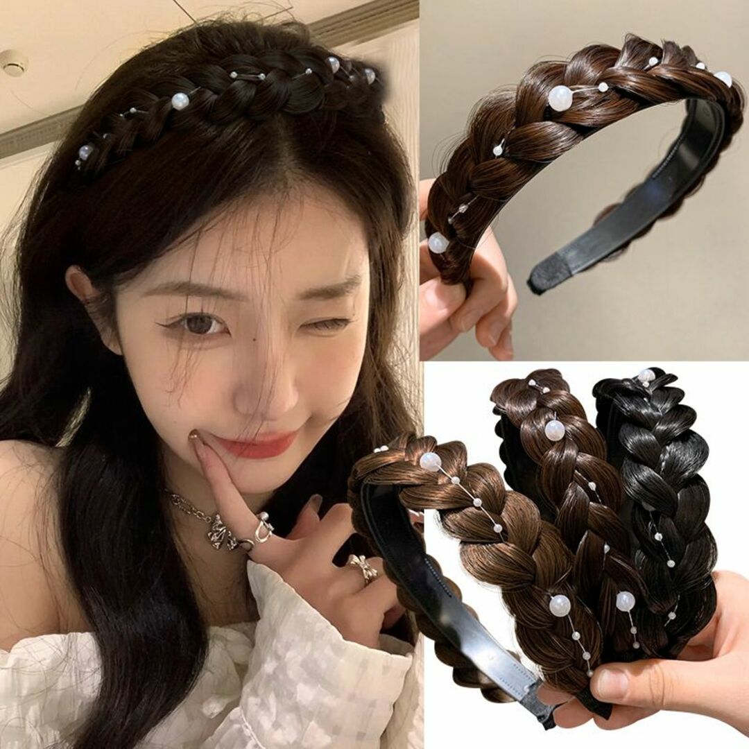 かつらヘッドバンド ウィッグ三つ編みヘアバンド パールウィッグカチューシャ レディースのヘアアクセサリー(ヘアバンド)の商品写真