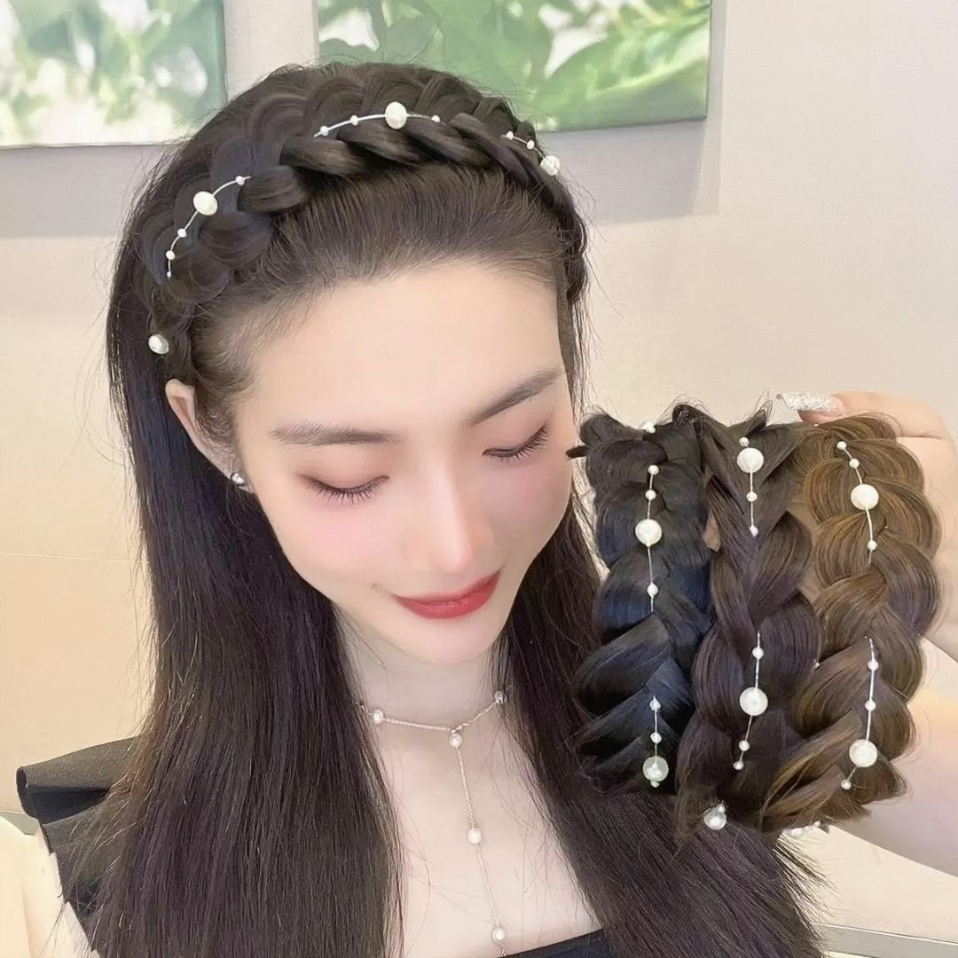 かつらヘッドバンド ウィッグ三つ編みヘアバンド パールウィッグカチューシャ レディースのヘアアクセサリー(ヘアバンド)の商品写真