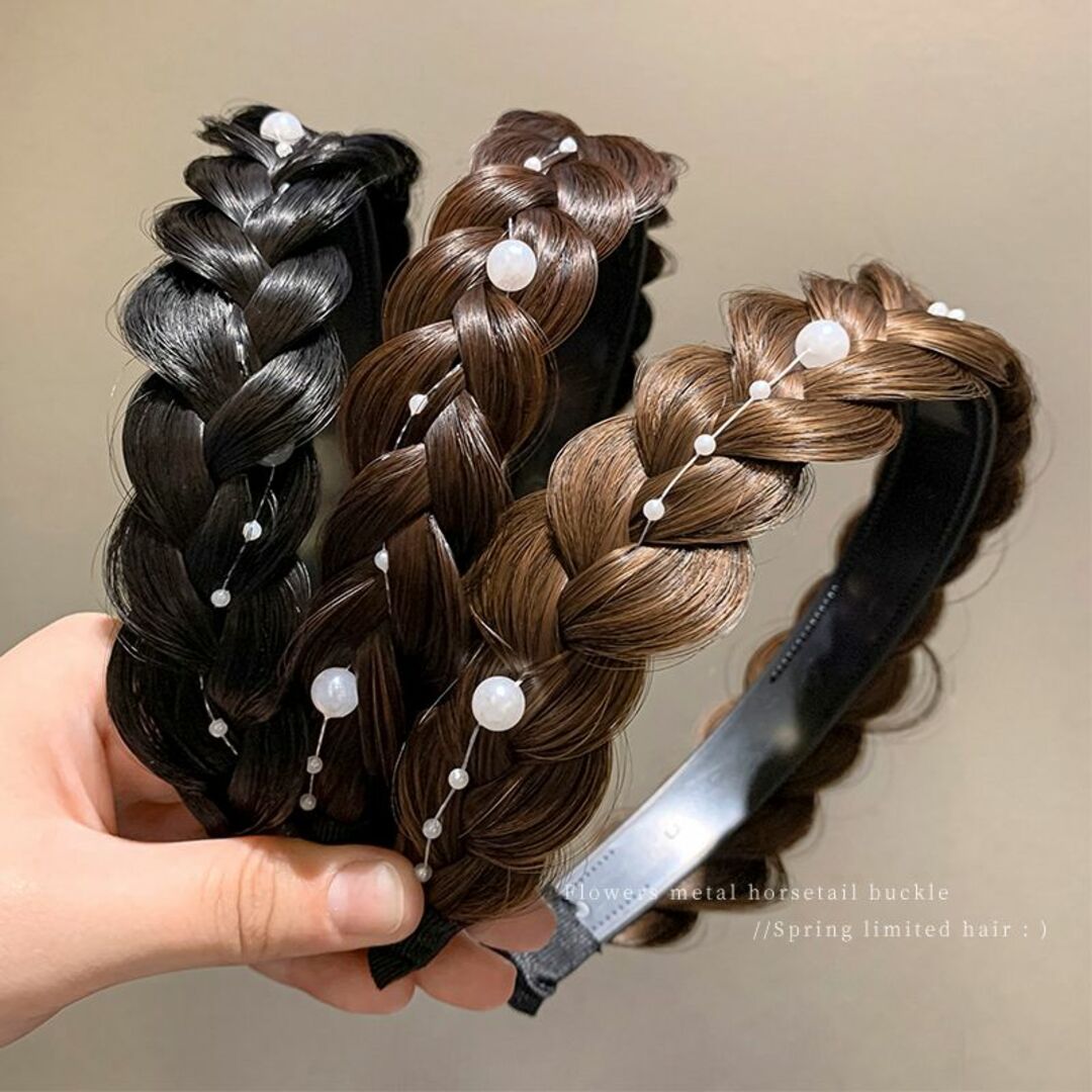 かつらヘッドバンド ウィッグ三つ編みヘアバンド パールウィッグカチューシャ レディースのヘアアクセサリー(ヘアバンド)の商品写真