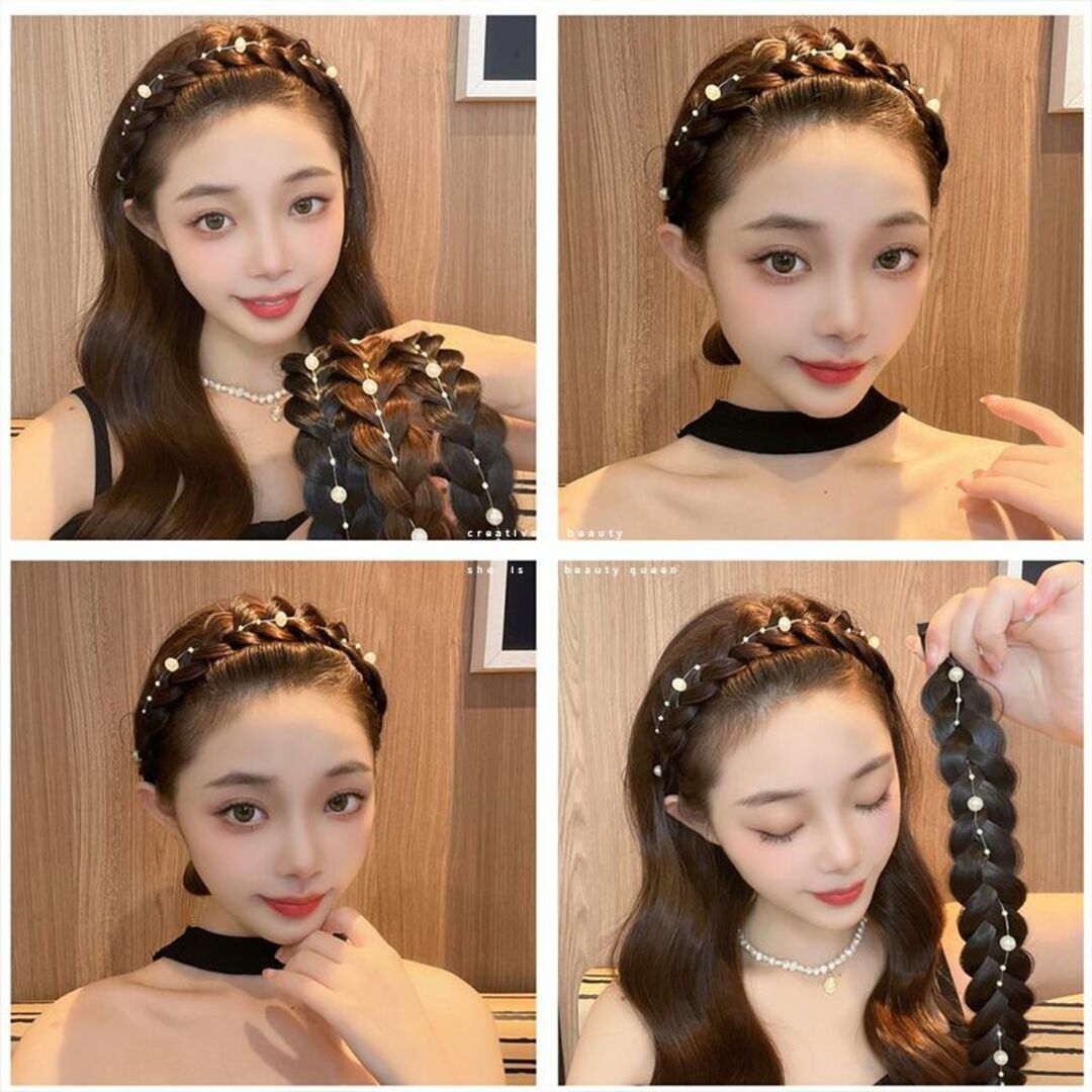 かつらヘッドバンド ウィッグ三つ編みヘアバンド パールウィッグカチューシャ レディースのヘアアクセサリー(ヘアバンド)の商品写真