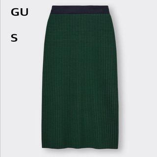 ジーユー(GU)のGU● ダブルジャカードチェックニットスカート●グリーン●美品(ロングスカート)