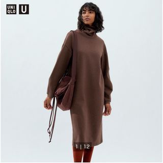 ユニクロ(UNIQLO)のブラッシュドジャージータートルネックワンピース　Lサイズ(ロングワンピース/マキシワンピース)