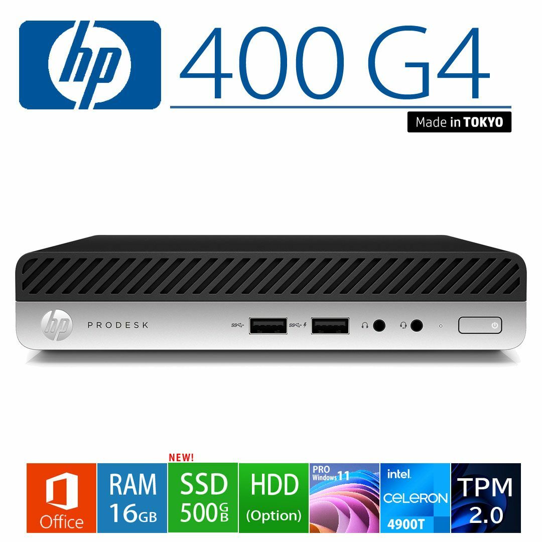 HP(ヒューレットパッカード)のHP 400 G4 Cel’ G4900T 16G/SSD500G/Office スマホ/家電/カメラのPC/タブレット(デスクトップ型PC)の商品写真