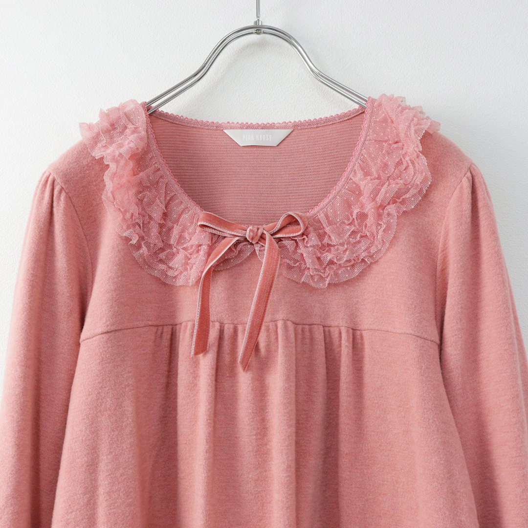 PINK HOUSE(ピンクハウス)の美品 2020AW ピンクハウス PINK HOUSE ドットチュールフリル付き ニットワンピース/ピンク リボン ドレス【2400013714914】 レディースのワンピース(その他)の商品写真